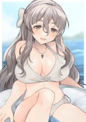 Rule 34 | 1girl, bare arms, bare legs, bare shoulders, bikini, blush, breasts, brown eyes, collarbone, hair between eyes, highres, jewelry, kantai collection, large breasts, light brown hair, long hair, necklace, open mouth, pola (kancolle), solo, swimsuit, toriniku senshi chikinman, white bikini