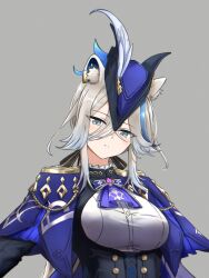 1girl absurdres alternate_costume animal_ear_piercing animal_ears ascot black_bow black_corset blue_ascot blue_cape blue_hat bow button_gap buttons cape clorinde_(genshin_impact) clorinde_(genshin_impact)_(cosplay) commentary_request corset cosplay double-breasted epaulettes framed_breasts genshin_impact grey_background grey_eyes grey_hair hair_between_eyes hair_bow hat hat_feather highres hololive lion_ears lion_girl long_hair long_hair_between_eyes messy_hair piercing purple_ascot shirt shishiro_botan simple_background solo taut_clothes taut_shirt tricorne upper_body virtual_youtuber zexalmike