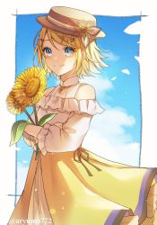 Rule 34 | 1girl, aryuma772, bare shoulders, blouse, blue eyes, blue sky, boater hat, crossed arms, flower, flower necklace, flower ornament, frilled shirt, frilled skirt, frilled sleeves, frills, hair ornament, hairclip, hat ornament, highres, holding, holding flower, jewelry, kagamine rin, long skirt, looking at viewer, necklace, petticoat, project sekai, shirt, short hair, skirt, sky, smile, solo, sunflower, twitter username, vocaloid, yellow skirt