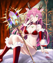 Rule 34 | 1girl, alcohol, animal ears, antlers, arm support, bed sheet, bra, breasts, collarbone, cup, curtains, detached sleeves, drinking glass, earrings, gem, green eyes, hair between eyes, hand on own face, horns, jewelry, kuroi nyan, large breasts, long hair, looking at viewer, nail polish, navel, official art, one eye closed, pink hair, pointy ears, red legwear, senjou no electro girl, sitting, solo, staff, star (symbol), underwear, wine, wine glass