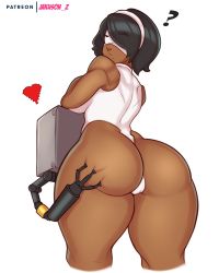 Rule 34 | 1girl, 1other, 2p (nier:automata), ?, alternate color, ass, ass focus, ass grab, black hair, blindfold, breast rest, breasts, covered eyes, cropped legs, dark-skinned female, dark skin, deep skin, drone, fat mons, from behind, groping, hairband, heart, highres, huge ass, jakuson z, jpeg artifacts, kneepits, large breasts, leotard, mole, mole under eye, mole under mouth, nier:automata, nier (series), patreon username, pixel heart, player 2, pod (nier:automata), sleeveless, solo focus, soul calibur, soulcalibur, soulcalibur vi, thick thighs, thighs, thong leotard, white background, white blindfold, white hairband, white leotard, wide hips