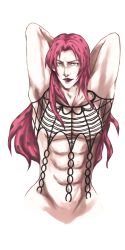 Rule 34 | 1boy, abs, arm up, black lips, collarbone, diavolo, fishnets, groin, highres, jojo no kimyou na bouken, lipstick, long hair, m@ (ma 6), makeup, male focus, pink hair, solo, transparent background