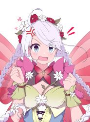 Rule 34 | 1girl, absurdres, ahoge, anger vein, blue eyes, braid, breasts, clenched hands, commission, commissioner upload, fire emblem, fire emblem heroes, flower, hair flower, hair ornament, hairband, highres, long hair, looking at viewer, low twin braids, medium breasts, nina (fire emblem), nina (resplendent) (fire emblem), nintendo, non-web source, official alternate costume, open mouth, red flower, saaleyn, solo, swept bangs, transparent background, twin braids, white flower