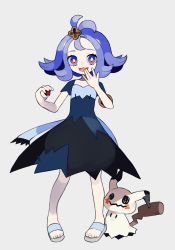 Rule 34 | 1girl, :3, :d, acerola (pokemon), armlet, blue eyes, bright pupils, collarbone, creatures (company), dress, elite four, flat chest, flipped hair, full body, game freak, gen 7 pokemon, hair ornament, half updo, highres, holding, holding poke ball, htn nm, mimikyu, multicolored eyes, nintendo, open mouth, orange eyes, poke ball, pokemon, pokemon (creature), pokemon sm, purple hair, sandals, short hair, silver background, simple background, smile, stitches, toenails, topknot, torn clothes, torn dress, trial captain