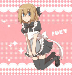 Rule 34 | 1boy, apron, black thighhighs, blonde hair, blue eyes, blush, bow, character name, crossdressing, dress, english text, frown, hair bow, heroman, joey jones, maid, maid apron, male focus, mary janes, pitsuuta, ponytail, shoes, short hair, simple background, skirt, solo, thighhighs, trap, waitress