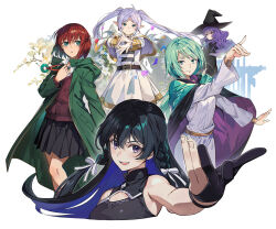 5girls black_hair cape character_request frieren green_eyes green_hair hat hatori_chise highres mahou_tsukai_no_yome mjurran multiple_girls nyoro_(nyoronyoro000) pointy_ears purple_eyes purple_hair red_hair smile sousou_no_frieren tanezaki_atsumi tensei_shitara_slime_datta_ken tinasha_(unnamed_memory) twintails unnamed_memory voice_actor_connection white_hair witch_hat