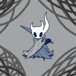 Rule 34 | 1other, black eyes, blank eyes, blue cloak, broken vessel (hollow knight), cloak, full body, grey background, grey cloak, hand up, holding, holding weapon, hollow knight, layered clothes, looking at viewer, nail (hollow knight), other focus, over shoulder, sakana 2-gou, solo, standing, straight-on, weapon, weapon over shoulder