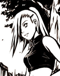 Rule 34 | 1girl, breasts, earrings, female focus, hair ornament, hair over one eye, hairclip, jewelry, long hair, lowres, monochrome, naruto, naruto (series), nature, outdoors, plant, ponytail, solo, tk (tk&#039;s level4), tree, yamanaka ino
