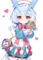 Rule 34 | 1girl, absurdres, animal ears, blue hair, blush, bow, bowtie, closed mouth, dress, genshin impact, gloves, hair ornament, hat, heart, highres, holding, long sleeves, looking at viewer, low twintails, pantyhose, pom pom (clothes), pom pom hair ornament, red bow, red eyes, ririru, sigewinne (genshin impact), simple background, smile, solo, twintails, weapon, white background, white gloves