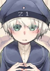 Rule 34 | 1girl, absurdres, blue dress, blue hat, blue neckerchief, blue sailor collar, blush, clothes writing, dress, fingers together, green eyes, hair between eyes, hat, highres, kantai collection, looking at viewer, neckerchief, parted lips, ryo (liver sashi daisuki!), sailor collar, sailor dress, short hair, silver hair, solo, sweat, upper body, z1 leberecht maass (kancolle)