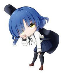 Rule 34 | 1girl, black pantyhose, black ribbon, blue hair, blue skirt, bocchi the rock!, brown footwear, chibi, collared shirt, dress shirt, full body, hair over one eye, highres, instrument case, kuena, leaning forward, loafers, long sleeves, looking at viewer, mole, mole under eye, neck ribbon, pantyhose, parted lips, pleated skirt, ribbon, shirt, shoes, simple background, skirt, sleeves past wrists, solo, standing, white background, white shirt, yamada ryo, yellow eyes