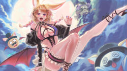 Rule 34 | 1girl, absurdres, ahoge, animal ear fluff, animal ears, black footwear, black hair, blonde hair, blue nails, braid, breasts, cleavage, clothing request, demon wings, fangs, fox ears, fox girl, full moon, hair ornament, heart, heart-shaped pupils, high heels, highres, hololive, large breasts, long hair, looking at viewer, low wings, moon, multicolored hair, multicolored nails, omaru polka, open mouth, pink hair, red nails, smile, streaked hair, symbol-shaped pupils, tongue, tongue out, twin braids, virtual youtuber, wings, wuest, x hair ornament, zain (omaru polka)