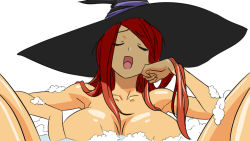 Rule 34 | 1girl, bath, breasts, bubble bath, cleavage, closed eyes, dragon&#039;s crown, drawfag, hat, head rest, huge breasts, long hair, matsu-sensei, nude, open mouth, parody, red hair, simple background, solo, sorceress (dragon&#039;s crown), spread legs, vanillaware, water, white background, witch hat