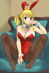 Rule 34 | 1girl, ass, blonde hair, blush, bow, bowtie, breasts, brown eyes, fairy tail, feet, gaston18, highleg, highleg leotard, highres, large breasts, leotard, looking at viewer, lucy heartfilia, pantyhose, playboy bunny, rabbit ears, rabbit tail, red leotard, tattoo, wide hips