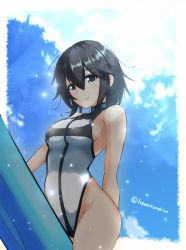 Rule 34 | 1girl, black hair, blue sky, breasts, casual one-piece swimsuit, cloud, cowboy shot, hayasui (kancolle), highres, honma (honmatomohiro), kantai collection, medium breasts, one-hour drawing challenge, one-piece swimsuit, short hair, grey eyes, sky, solo, surfboard, swimsuit, turtleneck, white one-piece swimsuit