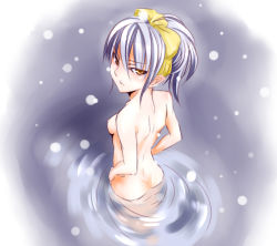 Rule 34 | 1girl, angry, ass, back, blush, breasts, brown eyes, female focus, foreshortening, from above, hairband, hands on own hips, looking at viewer, looking back, looking up, nipples, nude, onsen, original, purple hair, short hair, small breasts, snow, snowing, solo, un (le monde-alternatif), wading, water