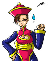 Rule 34 | 1girl, alternate costume, arm up, borockman, breasts, brown eyes, brown hair, capcom, chinese clothes, chun-li, cleavage, cleavage cutout, clothing cutout, commentary request, company connection, cosplay, eyeshadow, hand on own hip, hat, jiangshi, jiangshi costume, lei lei, lei lei (cosplay), looking at viewer, makeup, qingdai guanmao, serious, signature, simple background, solo, street fighter, sweatdrop, vampire (game), white background, wide sleeves
