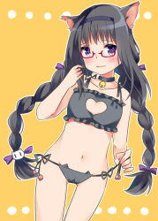 Rule 34 | 10s, 1girl, adapted costume, akemi homura, animal ears, bell, black hair, black hairband, blush, bow, braid, cat cutout, cat ear panties, cat ears, cat lingerie, cleavage cutout, clothing cutout, collar, cowboy shot, glasses, hair bow, hair ornament, hairband, heart, heart cutout, jingle bell, kemonomimi mode, long hair, looking at viewer, mahou shoujo madoka magica, mahou shoujo madoka magica (anime), meme attire, nasunoko, navel, neck bell, panties, panty pull, purple eyes, side-tie panties, simple background, solo, thigh gap, twin braids, underwear, underwear only, very long hair, wavy mouth, yellow background