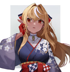 Rule 34 | 1girl, absurdres, blonde hair, blue background, blue kimono, bow, breasts, commentary, dark-skinned female, dark skin, dre, floral print, gloves, hair between eyes, hair bow, hand in own hair, highres, hololive, japanese clothes, kimono, long hair, looking at viewer, medium breasts, multicolored hair, obi, official alternate costume, open mouth, pointy ears, red gloves, sash, shiranui flare, shiranui flare (new year), simple background, solo, streaked hair, two-tone hair, upper body, virtual youtuber, white background, white hair, wide sleeves