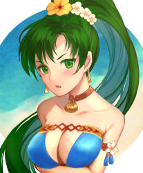 Rule 34 | 1girl, bare shoulders, bikini, blue bikini, blush, breasts, cleavage, cleavage cutout, clothing cutout, collarbone, earrings, fire emblem, fire emblem: the blazing blade, fire emblem heroes, flower, green eyes, green hair, jewelry, jurge, large breasts, long hair, looking at viewer, lyn (fire emblem), lyn (summer) (fire emblem), nintendo, official alternate costume, outside border, ponytail, seashell, shell, simple background, smile, solo, strapless, strapless bikini, swimsuit, upper body, v-shaped eyebrows