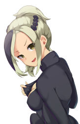Rule 34 | 1girl, :d, black jacket, breasts, cleavage, from behind, green eyes, green hair, half-closed eye, highres, jacket, kemono friends, kemono friends 3, long sleeves, looking at viewer, looking to the side, medium breasts, medium hair, multicolored hair, open mouth, ponytail, raised eyebrow, saltwater crocodile (kemono friends), sawara noa, simple background, sitting, slit pupils, smile, solo, teasing, twisted torso, two-tone hair, v-shaped eyebrows, white background