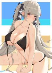 Rule 34 | 1girl, absurdly long hair, alternate costume, artist name, azur lane, bikini, black bikini, black ribbon, blush, breasts, cleavage, dated, formidable (azur lane), hair ribbon, highres, huge breasts, long hair, multicolored background, platinum blonde hair, red eyes, ribbon, solo, swimsuit, twintails, two-tone ribbon, untied bikini, very long hair, white ribbon, wild card