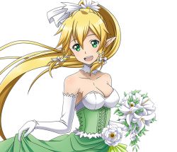 Rule 34 | 1girl, ;d, blonde hair, bouquet, bow, breasts, choker, cleavage, collarbone, dress, elbow gloves, flower, gloves, green dress, green eyes, hair bow, hair ribbon, high ponytail, holding, holding bouquet, leafa, long hair, medium breasts, one eye closed, open mouth, pointy ears, ribbon, shiny skin, sideboob, skirt hold, sleeveless, sleeveless dress, smile, solo, standing, strapless, strapless dress, sword art online, transparent background, upper body, very long hair, white flower, white gloves, white ribbon