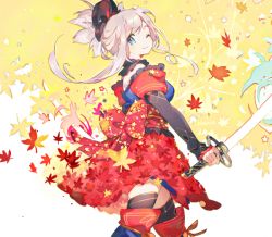 Rule 34 | 1girl, autumn leaves, detached sleeves, dissolving clothes, dual wielding, fate/grand order, fate (series), holding, katana, miyamoto musashi (fate), namie-kun, one eye closed, ribbon, smile, solo, sword, weapon