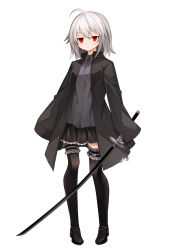 Rule 34 | 1girl, ahoge, black coat, coat, expressionless, frilled skirt, frilled thighhighs, frills, grey shirt, hair between eyes, highres, holding, holding weapon, jitome, katana, original, red eyes, shirt, shoes, simple background, skirt, sleeves past fingers, sleeves past wrists, solo, standing, sword, thighhighs, tori (10ri), very long sleeves, weapon, white background, white hair, zettai ryouiki