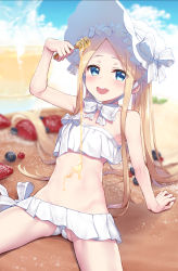 Rule 34 | 1girl, abigail williams (fate), abigail williams (swimsuit foreigner) (fate), abigail williams (swimsuit foreigner) (third ascension) (fate), bare shoulders, bikini, blonde hair, blue eyes, blueberry, bonnet, bow, braid, braided hair rings, breasts, fate/grand order, fate (series), food, forehead, fruit, hair bow, hair rings, highres, long hair, miniskirt, navel, parted bangs, sidelocks, skirt, small breasts, strawberry, suga hideo, swimsuit, twin braids, twintails, very long hair, white bikini, white bow, white headwear