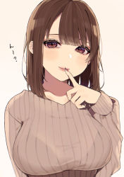 Rule 34 | 1girl, blush, bra visible through clothes, breasts, brown background, brown eyes, brown hair, commentary request, deha rou, finger to mouth, gradient background, highres, large breasts, light smile, long sleeves, looking at viewer, medium hair, original, ribbed sweater, simple background, solo, sweater, upper body