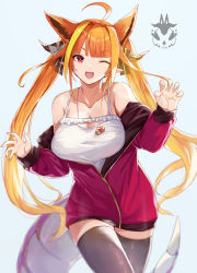 Rule 34 | 1girl, ;d, ahoge, animal ears, bare shoulders, black thighhighs, blonde hair, blue background, blunt bangs, bow, breasts, camisole, cat ears, claw pose, cleavage cutout, clothing cutout, collarbone, commentary, diagonal-striped bow, dragon girl, dragon horns, dragon tail, english commentary, extra ears, frilled camisole, frills, hair intakes, highres, hololive, horn bow, horn ornament, horns, jacket, kemonomimi mode, kiryu coco, kiryu coco (loungewear), large breasts, long hair, long sleeves, looking at viewer, multicolored hair, no pants, official alternate costume, ohland, one eye closed, open mouth, orange hair, partially unzipped, pointy ears, purple eyes, red jacket, simple background, smile, solo, spaghetti strap, streaked hair, striped, striped bow, tail, thighhighs, twintails, very long hair, virtual youtuber, white camisole