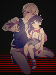 2boys aiming aiming_at_viewer amuro_tooru belt black_belt black_vest brooch cellphone collared_shirt edogawa_conan gloves grey_eyes grey_pants grey_shorts gun hair_between_eyes holding holding_gun holding_phone holding_weapon jewelry jikei long_hair looking_at_viewer male_focus meitantei_conan multiple_boys pants parted_lips phone shirt short_hair shorts smartphone smile vest weapon