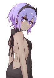 Rule 34 | 1girl, ass, backless dress, backless outfit, bare back, black sweater, blush, breasts, butt crack, closed mouth, dark-skinned female, dark skin, dress, fate/prototype, fate/prototype: fragments of blue and silver, fate (series), from side, hair between eyes, halterneck, hassan of serenity (fate), i.u.y, looking at viewer, meme attire, naked sweater, purple hair, ribbed sweater, short hair, sideboob, simple background, small breasts, solo, sweater, sweater dress, turtleneck, turtleneck sweater, virgin killer sweater, white background