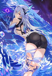Rule 34 | 1girl, absurdres, ass, bare shoulders, black shorts, breasts, commentary request, foot out of frame, genshin impact, god hunter, grey hair, hair ornament, highres, long hair, looking at viewer, medium breasts, pink eyes, short shorts, shorts, skirk (genshin impact), solo, thighs, very long hair