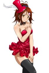 Rule 34 | 1girl, bachou mouki, bare shoulders, black bow, black thighhighs, bow, bowtie, breasts, brown hair, cleavage, dress, female focus, hat, ikkitousen, medium breasts, official art, red dress, red hat, short dress, simple background, solo, strapless, strapless dress, thighhighs, top hat, white background, yellow eyes