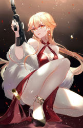 Rule 34 | 1girl, absurdres, ass, assault rifle, bare shoulders, blonde hair, breasts, bullpup, cleavage, commentary request, dress, earrings, finger on trigger, girls&#039; frontline, gun, high heels, highres, jewelry, legs, official alternate costume, on one knee, orange eyes, ots-14 (girls&#039; frontline), ots-14 (ruler of the banquet) (girls&#039; frontline), ots-14 groza, parted lips, red dress, rifle, scope, smile, solo, suppressor, thighs, vardan, weapon