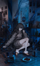 Rule 34 | 1girl, absurdres, alcohol, bare legs, beer bottle, black hair, blue eyes, blue fire, blue theme, bottle, cake, cake slice, candle, cup, drawing (object), dress, drinking glass, fire, food, grey sweater, hand up, highres, indoors, jack daniel&#039;s, lm7 (op-center), long hair, long sleeves, on floor, open mouth, original, picture frame, plate, ribbed sweater, shelf, sitting, sleeves past wrists, slippers, smile, solo, sweater, sweater dress, turtleneck, very long hair, washing machine, wavy hair, whiskey, wide shot, wine bottle, wooden floor