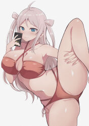 Rule 34 | 1girl, absurdres, ahoge, bare arms, bare legs, bare shoulders, bikini, blue eyes, blush, breasts, cellphone, cleavage, closed mouth, commentary request, cowboy shot, criss-cross halter, fingernails, grey background, halterneck, hand on own thigh, hands up, highres, holding, holding phone, large breasts, leg lift, long hair, looking at viewer, love live!, love live! nijigasaki high school idol club, mole, mole under eye, multi-strapped bikini bottom, navel, partially visible vulva, phone, pink hair, red bikini, selfie, side-tie bikini bottom, sidelocks, simple background, smartphone, smile, solo, standing, standing on one leg, stomach, swimsuit, two side up, wavy hair, wewe, zhong lanzhu