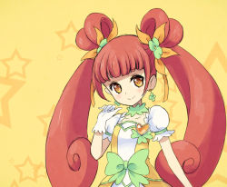 Rule 34 | 1girl, bow, brooch, brown hair, collar, cure rosetta, curly hair, dokidoki! precure, double bun, earrings, gloves, hair bun, heart, heart brooch, jewelry, long hair, magical girl, nyjee, precure, puffy sleeves, ribbon, smile, solo, twintails, waist bow, white gloves, yellow background, yellow eyes, yotsuba alice