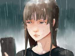 Rule 34 | 1girl, black shirt, blue eyes, brown hair, cellphone, highres, holding, holding phone, long hair, looking at phone, original, pavarit songsomboon, phone, portrait, rain, shirt, smartphone, solo, water, wet, wet face
