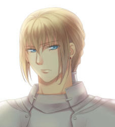 Rule 34 | 1boy, armor, bedivere (fate), blonde hair, blue eyes, braid, earrings, fate/stay night, fate (series), jewelry, kanmuri (hanyifan30338), male focus, ponytail, portrait, solo, white background