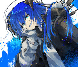 Rule 34 | 1girl, arknights, black jacket, blue background, blue eyes, blue hair, blue tongue, colored tongue, commentary, demon horns, gloves, halo, horns, jacket, leaning forward, long hair, looking at viewer, morini ochiteru, mostima (arknights), open mouth, shirt, simple background, smile, solo, upper body, white background, white gloves, white shirt, wings