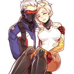 Rule 34 | 1boy, 1girl, bare shoulders, blonde hair, blush, bodysuit, breasts, carrying, closed eyes, collarbone, facial mark, gloves, halo, high ponytail, injury, jacket, large breasts, lips, mask, mechanical halo, mercy (overwatch), mouth mask, no wings, overwatch, overwatch 1, pantyhose, parted lips, princess carry, short hair, sieyarelow, simple background, soldier: 76 (overwatch), torn clothes, visor, white background, white hair, wince