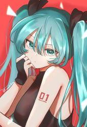 Rule 34 | 1girl, absurdres, arm tattoo, bare arms, black shirt, blue hair, bridal gauntlets, character name, closed mouth, green eyes, hair between eyes, hatsune miku, highres, jewelry, kusunoki r, long hair, looking at viewer, red background, ring, shirt, sleeveless, sleeveless shirt, solo, tattoo, twintails, twitter username, upper body, very long hair, vocaloid