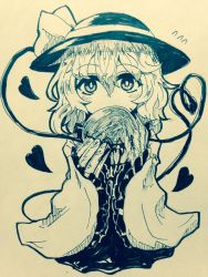 Rule 34 | 1girl, blood, blush, bow, claws, commentary request, efukei, flying sweatdrops, hair between eyes, hat, hat bow, heart, heart of string, holding, koishi komeiji&#039;s heart-throbbing adventure, komeiji koishi, long hair, looking at viewer, monochrome, one-hour drawing challenge, self-harm, solo, stab, third eye, touhou, traditional media, upper body, wide sleeves