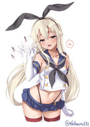 Rule 34 | 1girl, black eyes, black hairband, black neckerchief, blonde hair, blue sailor collar, blue skirt, blush, collarbone, ebifurya, elbow gloves, fellatio gesture, gloves, hair between eyes, hairband, hand up, handjob gesture, heart, heart-shaped pupils, highres, kantai collection, long hair, looking at viewer, naughty face, navel, neckerchief, open mouth, sailor collar, seductive smile, sexually suggestive, shimakaze (kancolle), simple background, skirt, smile, solo, striped clothes, striped thighhighs, symbol-shaped pupils, thighhighs, thighs, twitter username, white background, white gloves