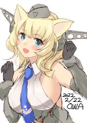 Rule 34 | 1girl, animal ears, artist name, blonde hair, blue eyes, blue necktie, breasts, cat ears, colorado (kancolle), dated, dress, garrison cap, grey hat, hat, headgear, highres, kantai collection, large breasts, necktie, one-hour drawing challenge, open mouth, owa (ishtail), pleated dress, shirt, short hair, simple background, sleeveless, smile, solo, upper body, white background, white shirt