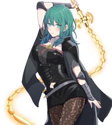 Rule 34 | 1girl, arm up, armor, byleth (female) (fire emblem), byleth (fire emblem), closed mouth, clothing cutout, fire emblem, fire emblem: three houses, green eyes, green hair, highres, holding, holding sword, holding weapon, medium hair, monotiina, navel, navel cutout, nintendo, pantyhose, shorts, simple background, smile, solo, sword, weapon, white background