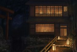 Rule 34 | absurdres, bamboo, commentary request, door, fantasy, fence, has bad revision, has downscaled revision, highres, house, lantern, light, md5 mismatch, night, outdoors, path, railing, resolution mismatch, road, scenery, signature, somei yoshinori, source smaller, torii, window